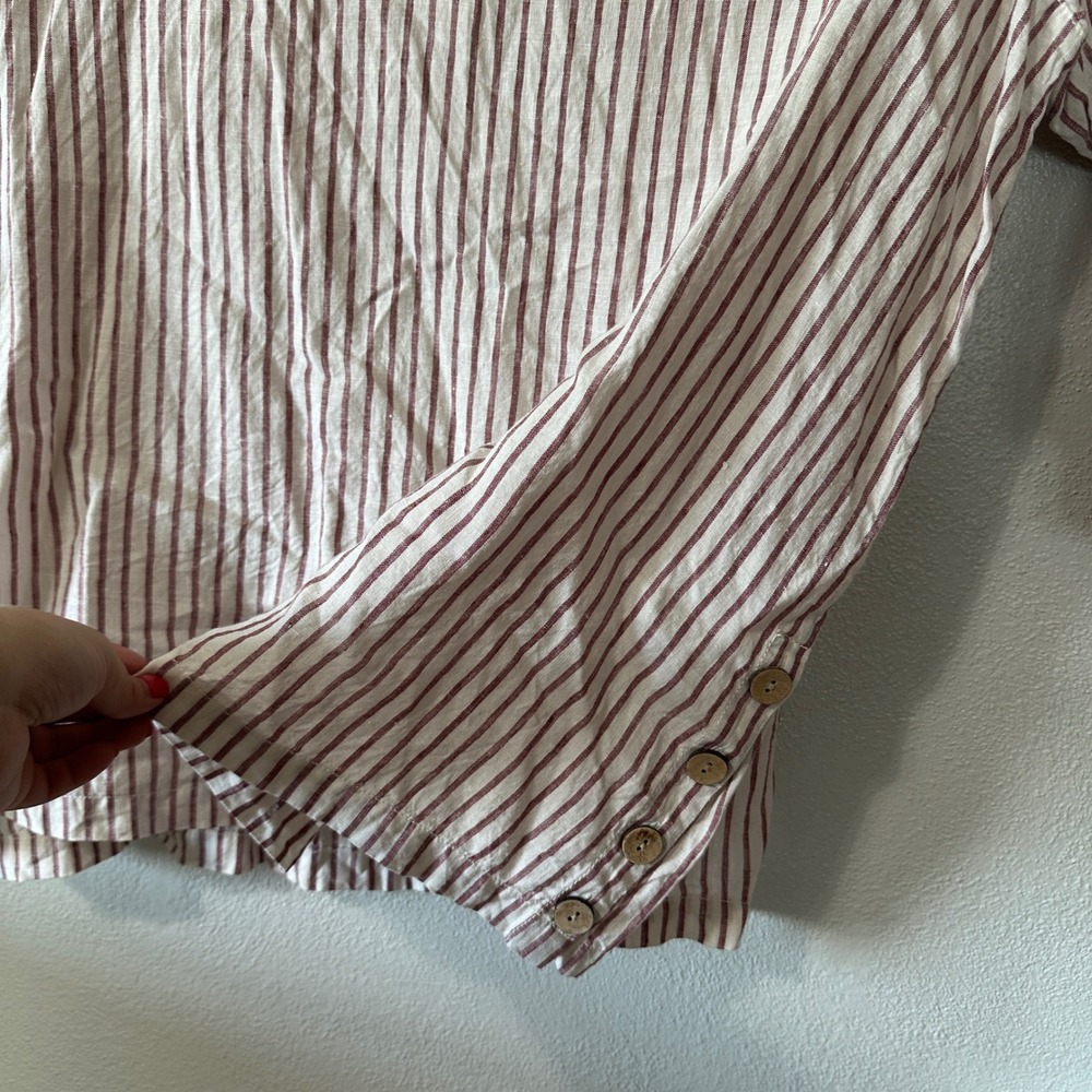 Tahari Linen Tunic Top Red Striped 3/4 Sleeve Split Neck Collared Womens Size 2X - Picture 3 of 6